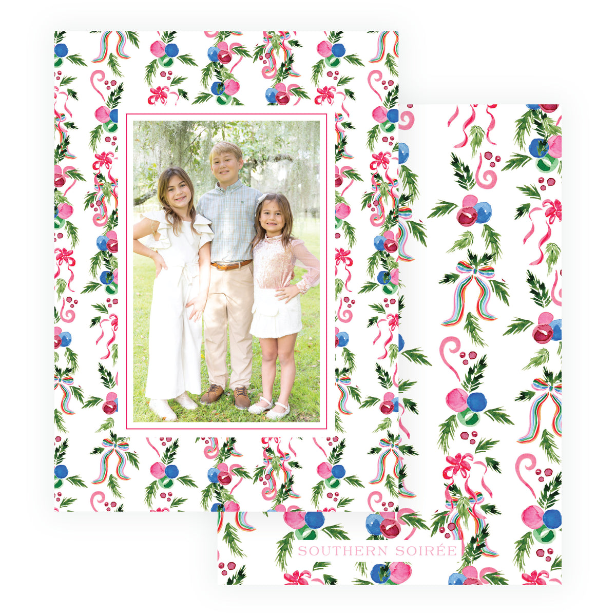 Personalized Christmas photo card with festive patterned back option