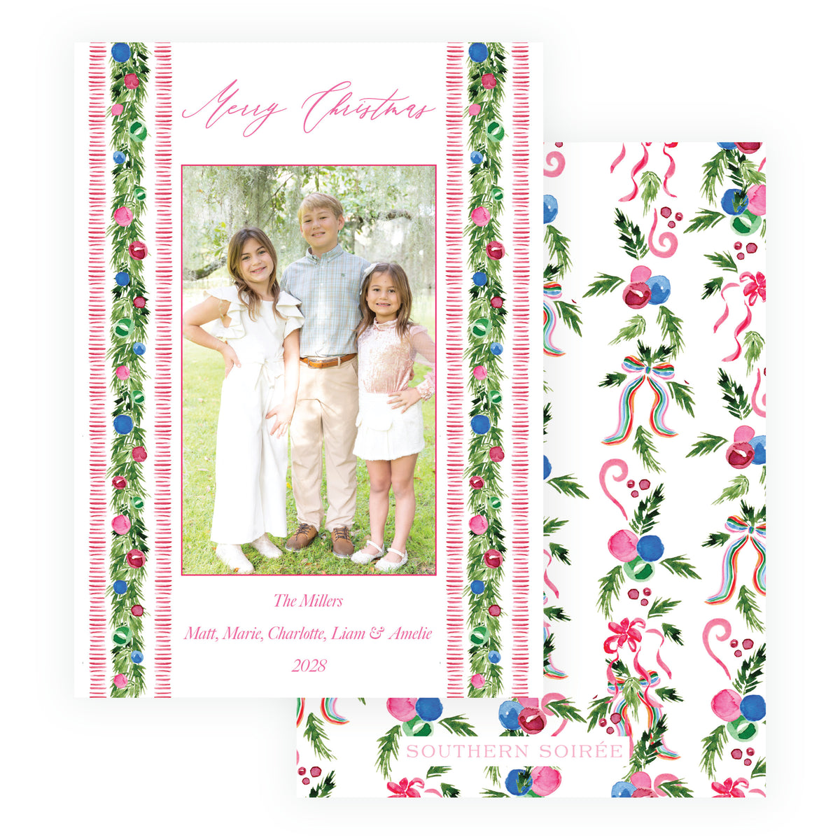 Personalized holiday photo card with festive greenery border and red trim