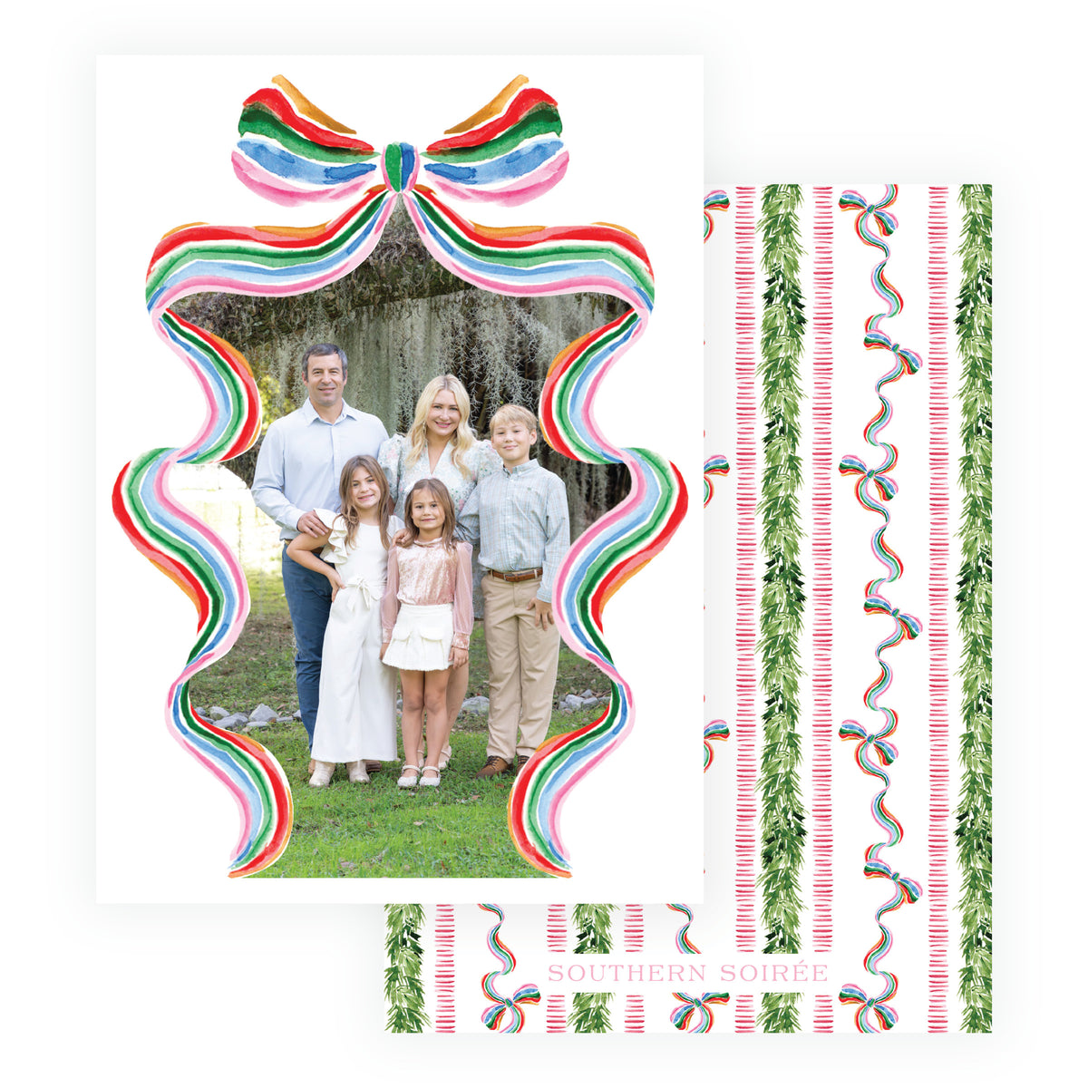 Full photo family Christmas card with colorful pink red green and blue bow