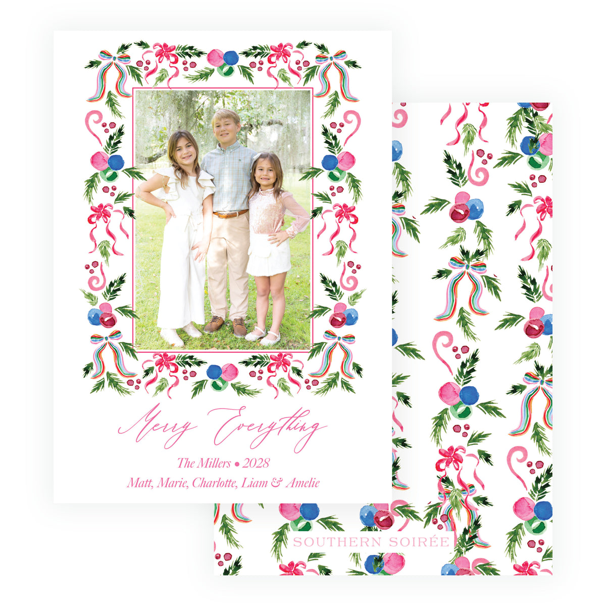 Personalized Merry Everything family Christmas card with botanical garland