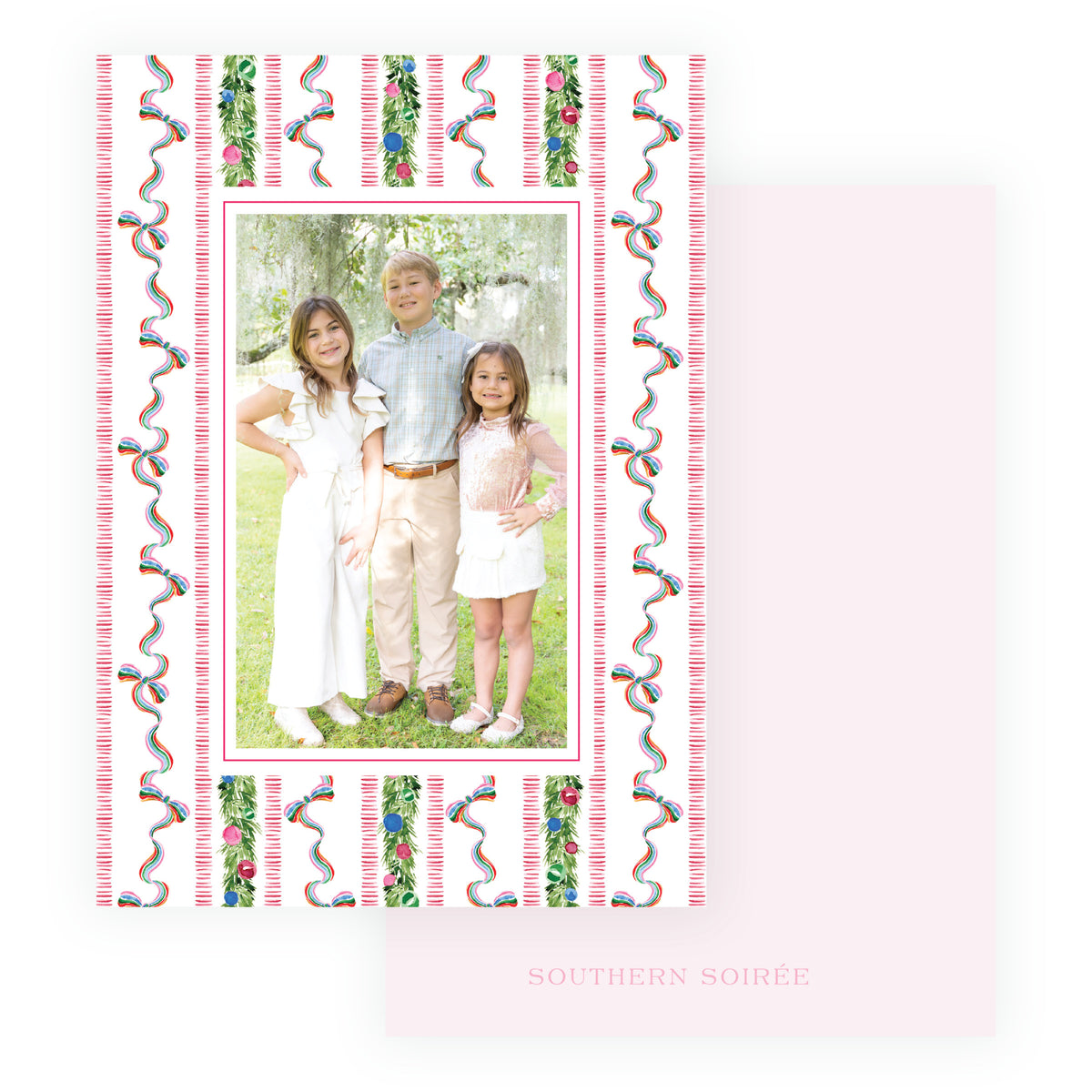 Ribbon and Garland personalized Christmas photo card with watercolor pattern