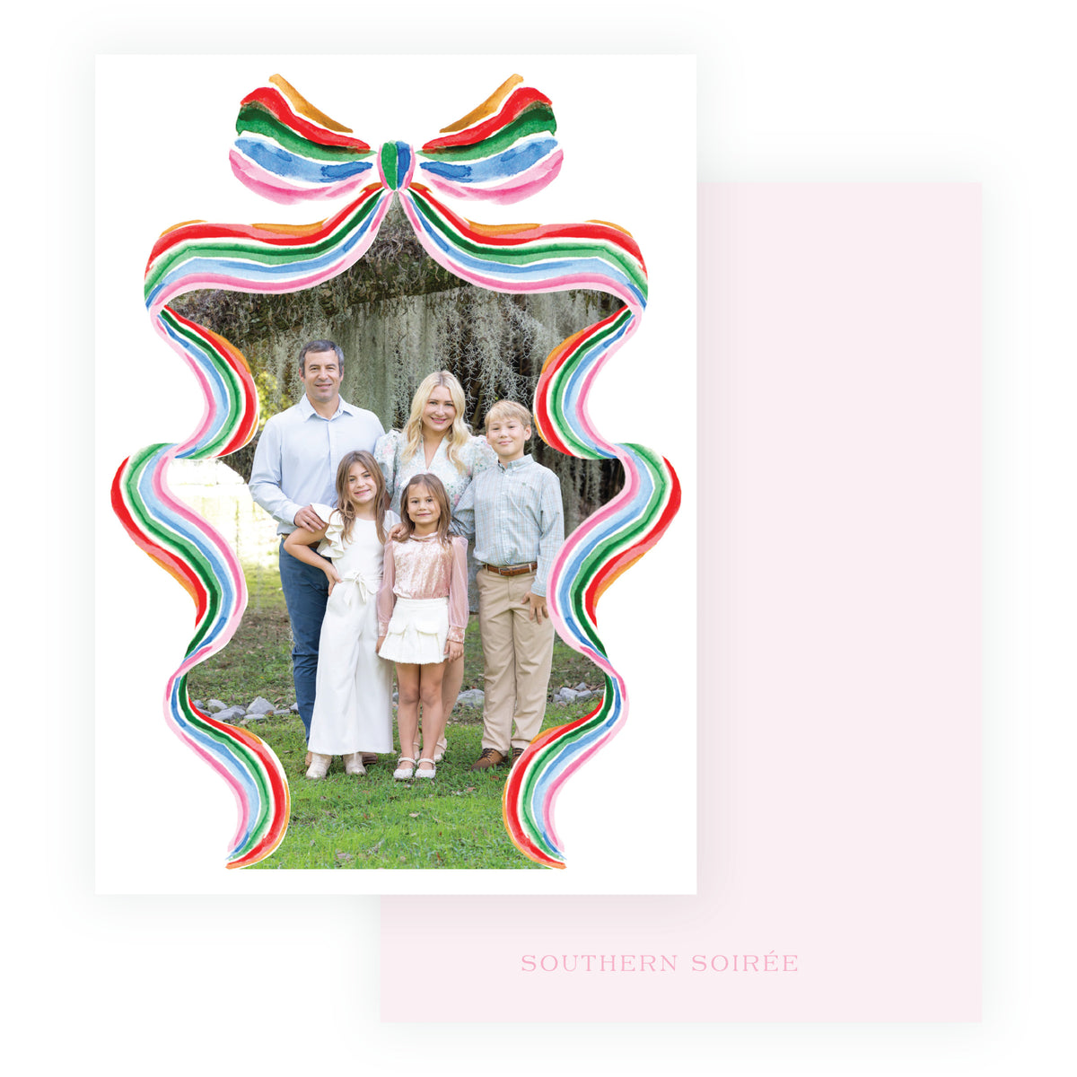 Personalized watercolor bow holiday photo card from Southern Soirée