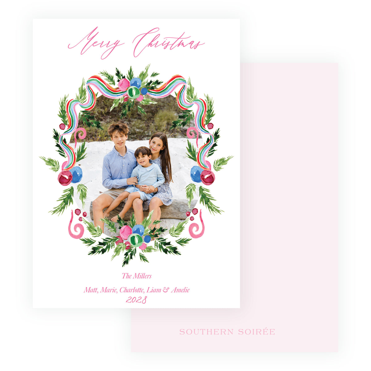 Watercolor wreath Christmas photo card with coordinating patterned back