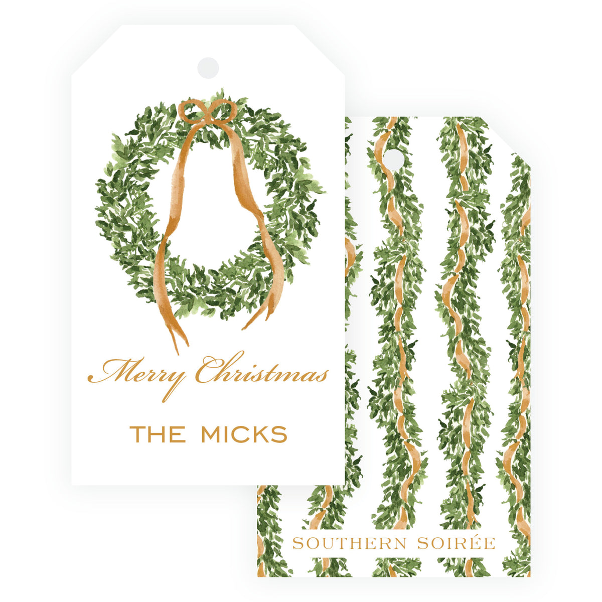 Gold personalized vertical Christmas gift tag with watercolor wreath, gold ribbon bow, and family name.