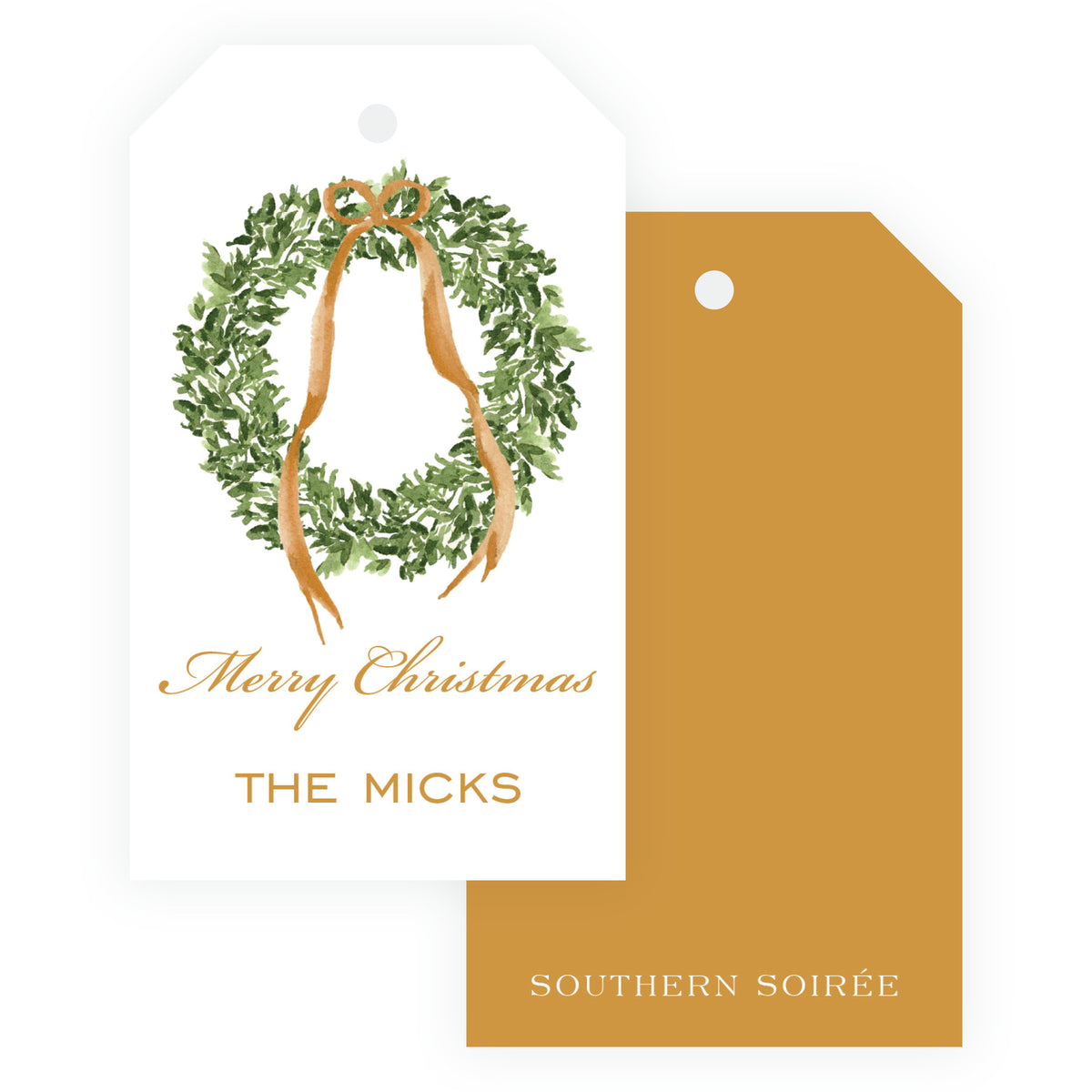 Decked in Bows Gold Wreath Personalized Christmas Gift Tag