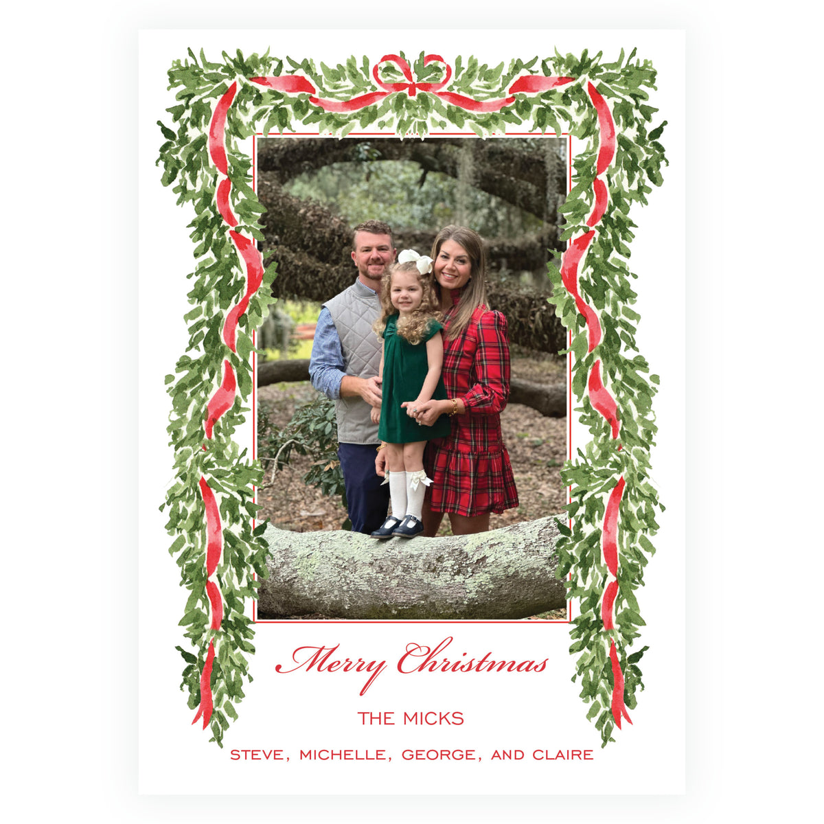 Evergreen garland and ribbon personalized family Christmas card