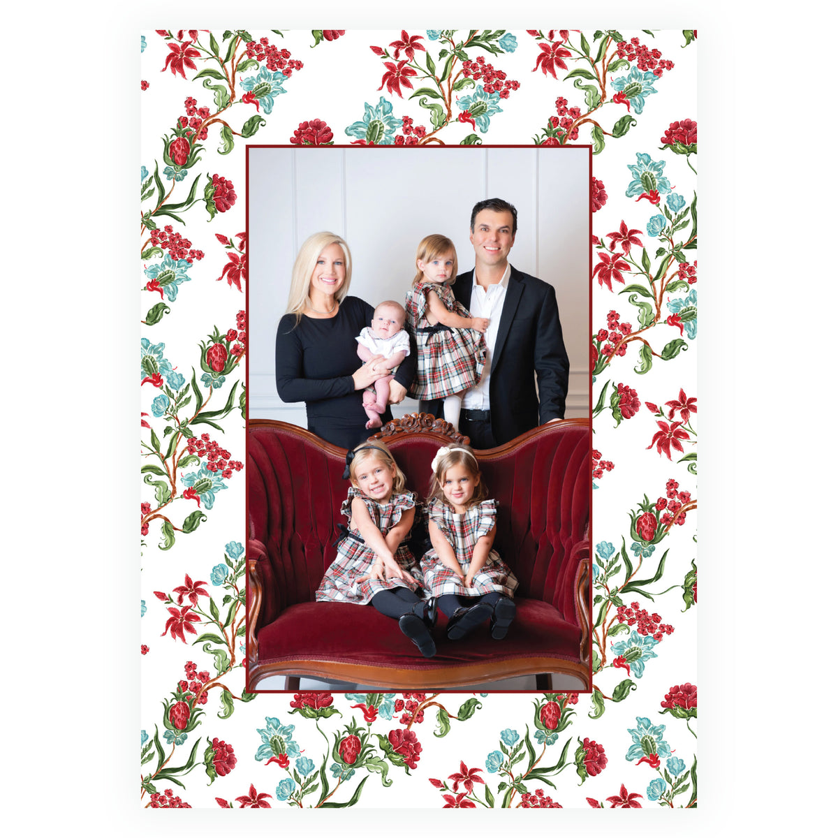 Watercolor floral personalized Christmas photo card with family photograph
