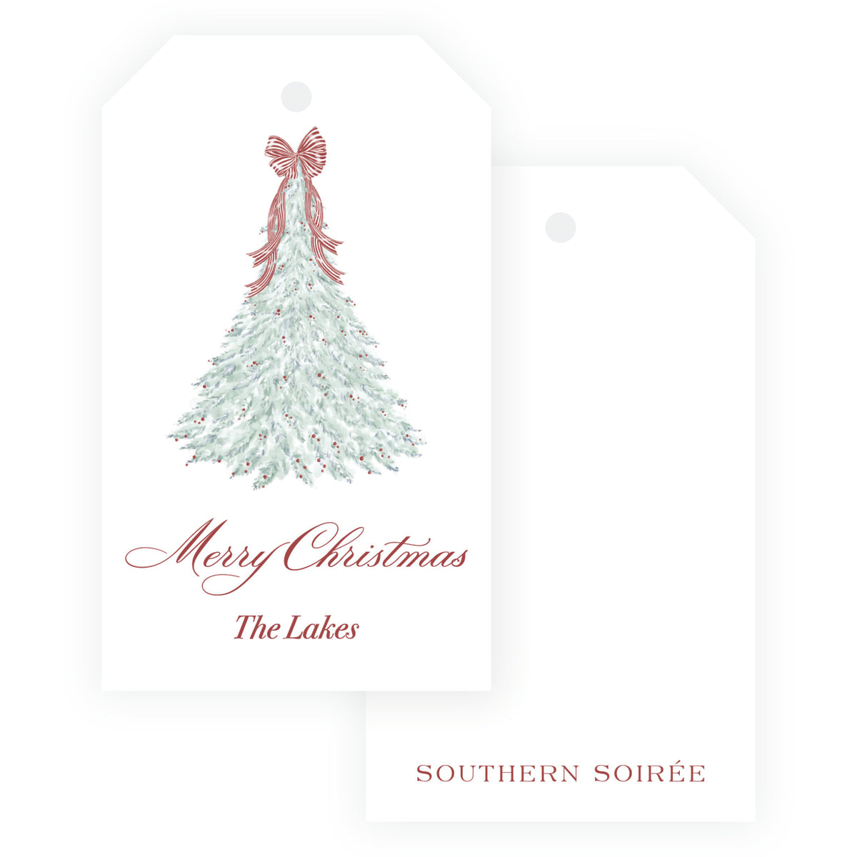 Personalized Yuletide Swans Christmas gift tag with watercolor berry tree and red striped bow