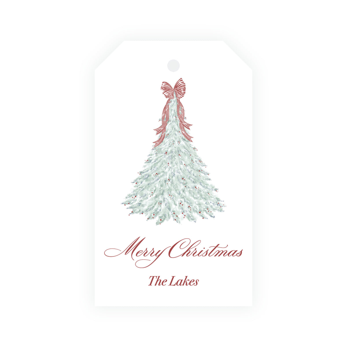 Christmas tree gift tag with watercolor greenery, red berries and personalized family name