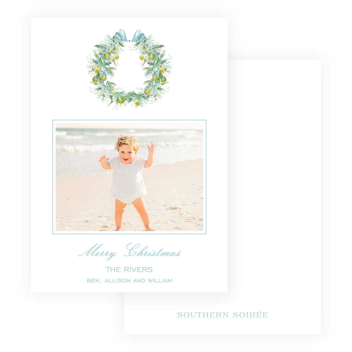 Watercolor pear and greenery personalized holiday photo card