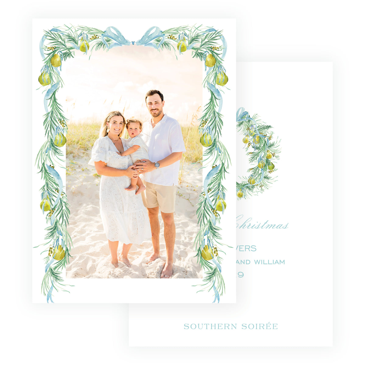 Evergreen and pear watercolor personalized family holiday photo card