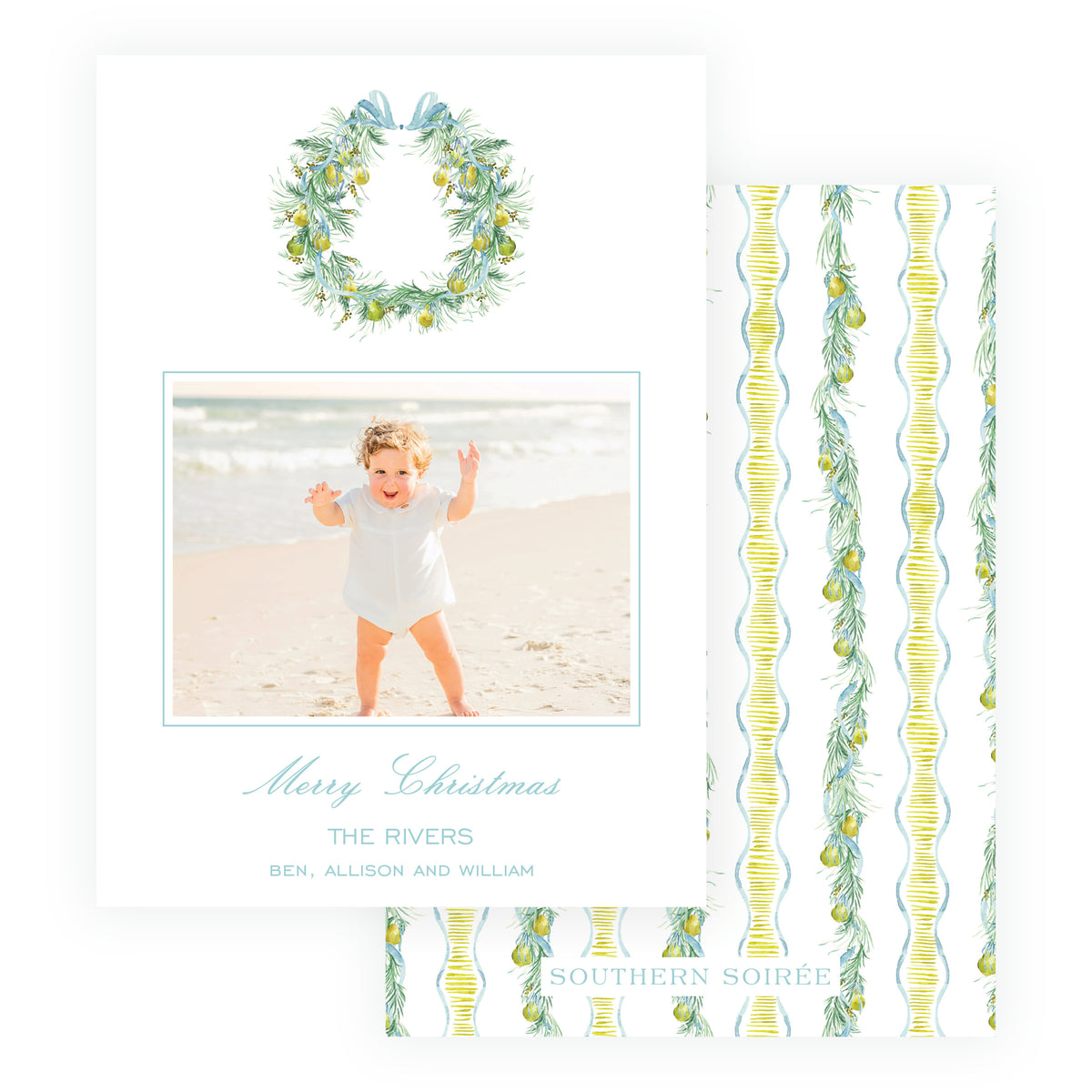 Elegant wreath personalized Christmas family photo card
