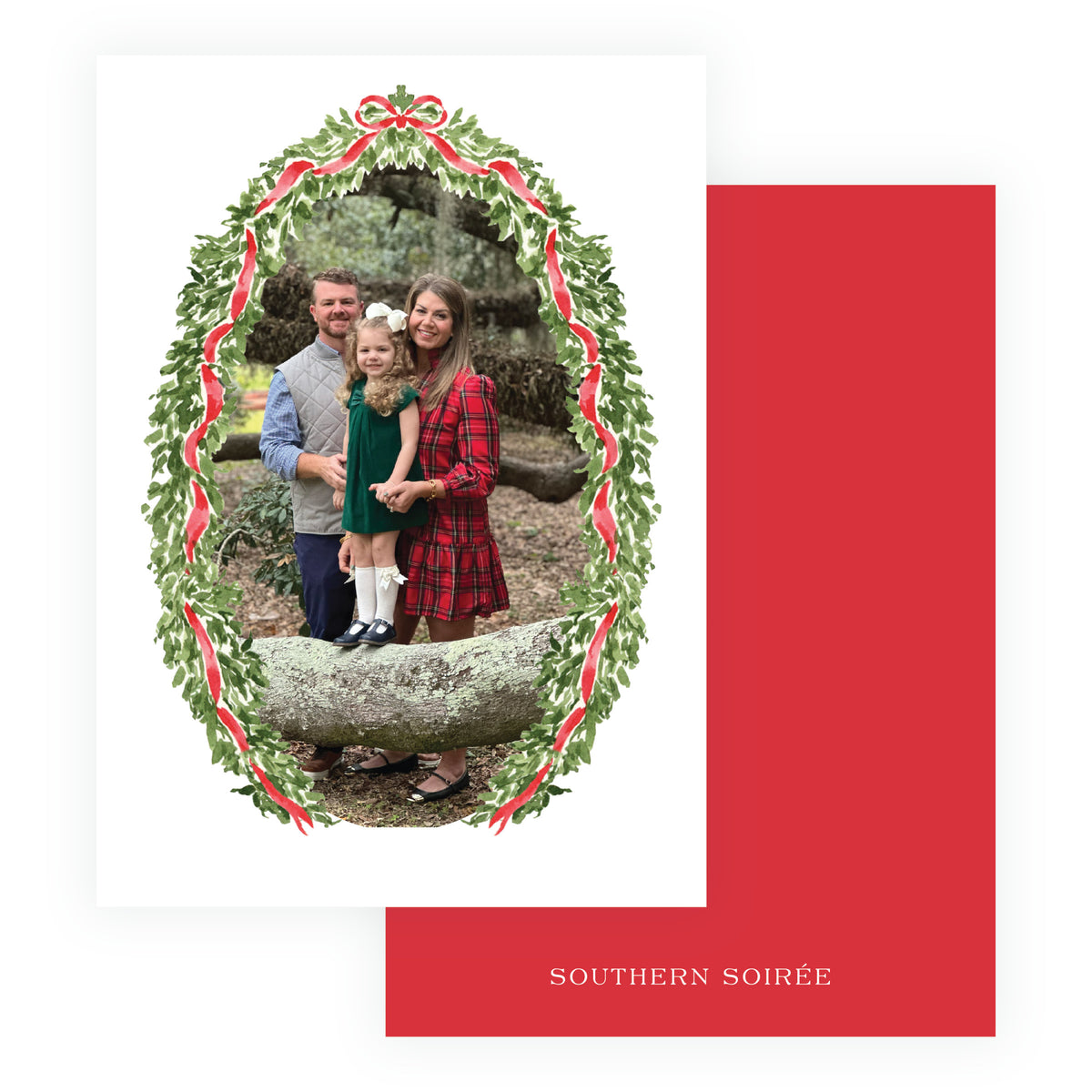 Decked in Garland oval frame family Christmas photo card