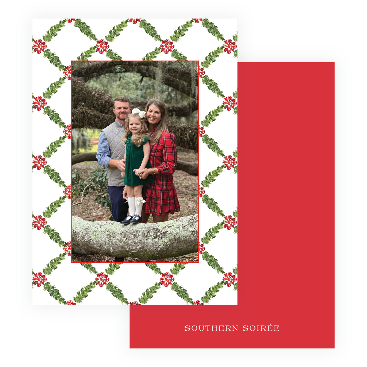 Watercolor evergreen lattice personalized holiday photo card