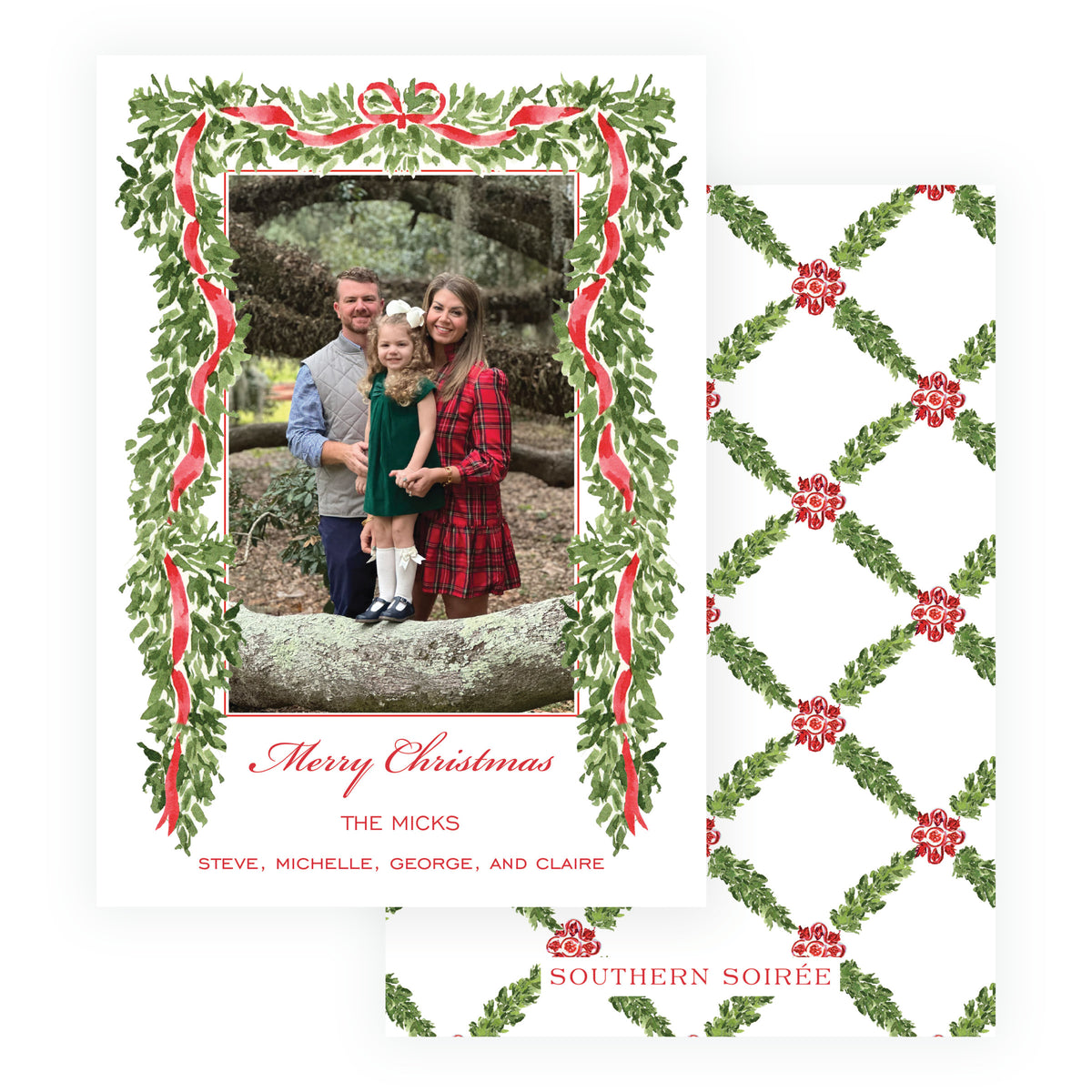 A Christmas greeting card and matching envelope set. The card features a white background with a green holly leaf border, red ribbon accents, and a central photo of a family, with the text 'Merry Christmas THE MICKS' and names printed below.
