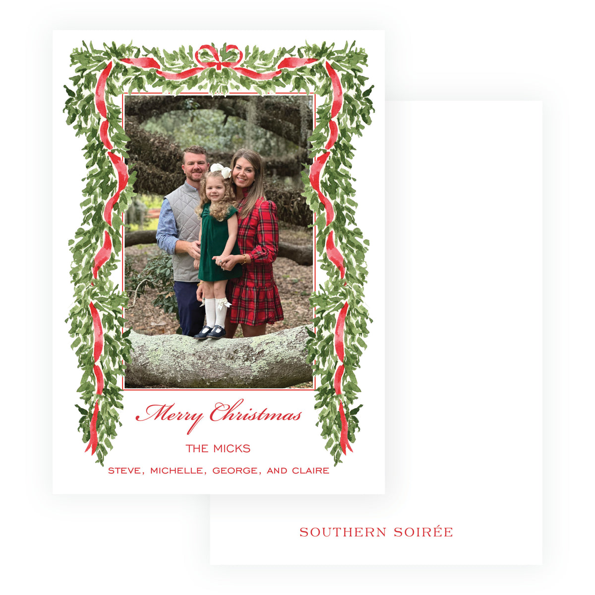 Traditional personalized holiday photo card with watercolor Christmas garland