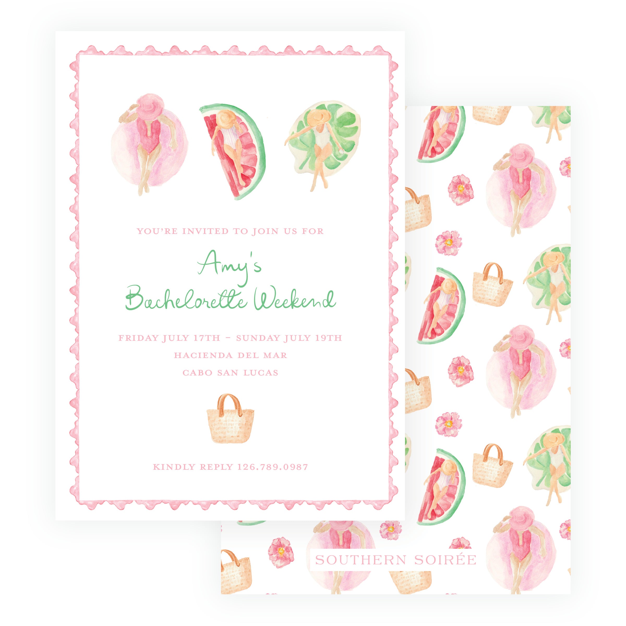 Bachelorette party invitation with watercolor graphics of women, watermelon, and flowers on a white background.