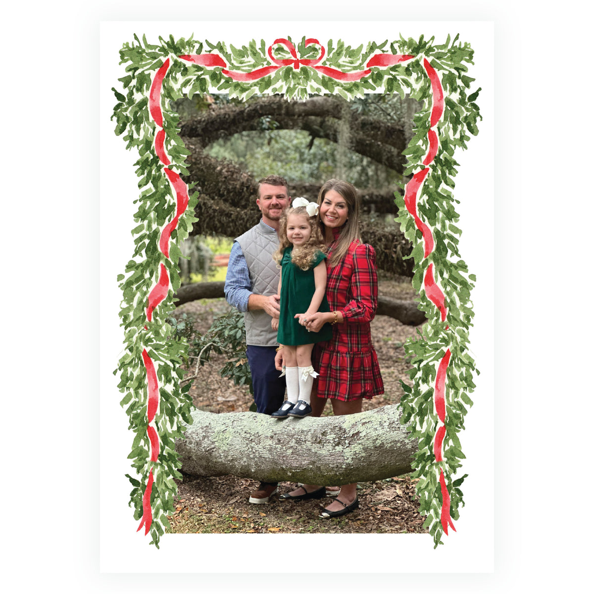 Watercolor greenery and red ribbon full frame Christmas card