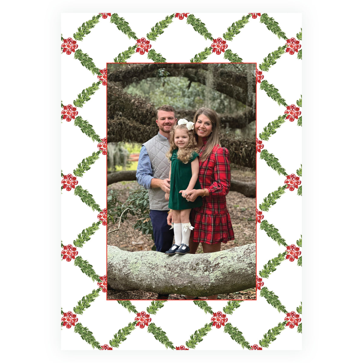 A personalized holiday photo card featuring a white border patterned with a green holly and red poinsettia trellis design, with a central rectangular photo frame