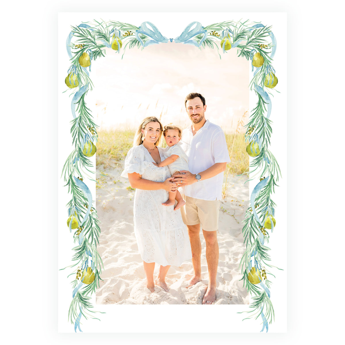 Golden pear and blue bow personalized Christmas photo card