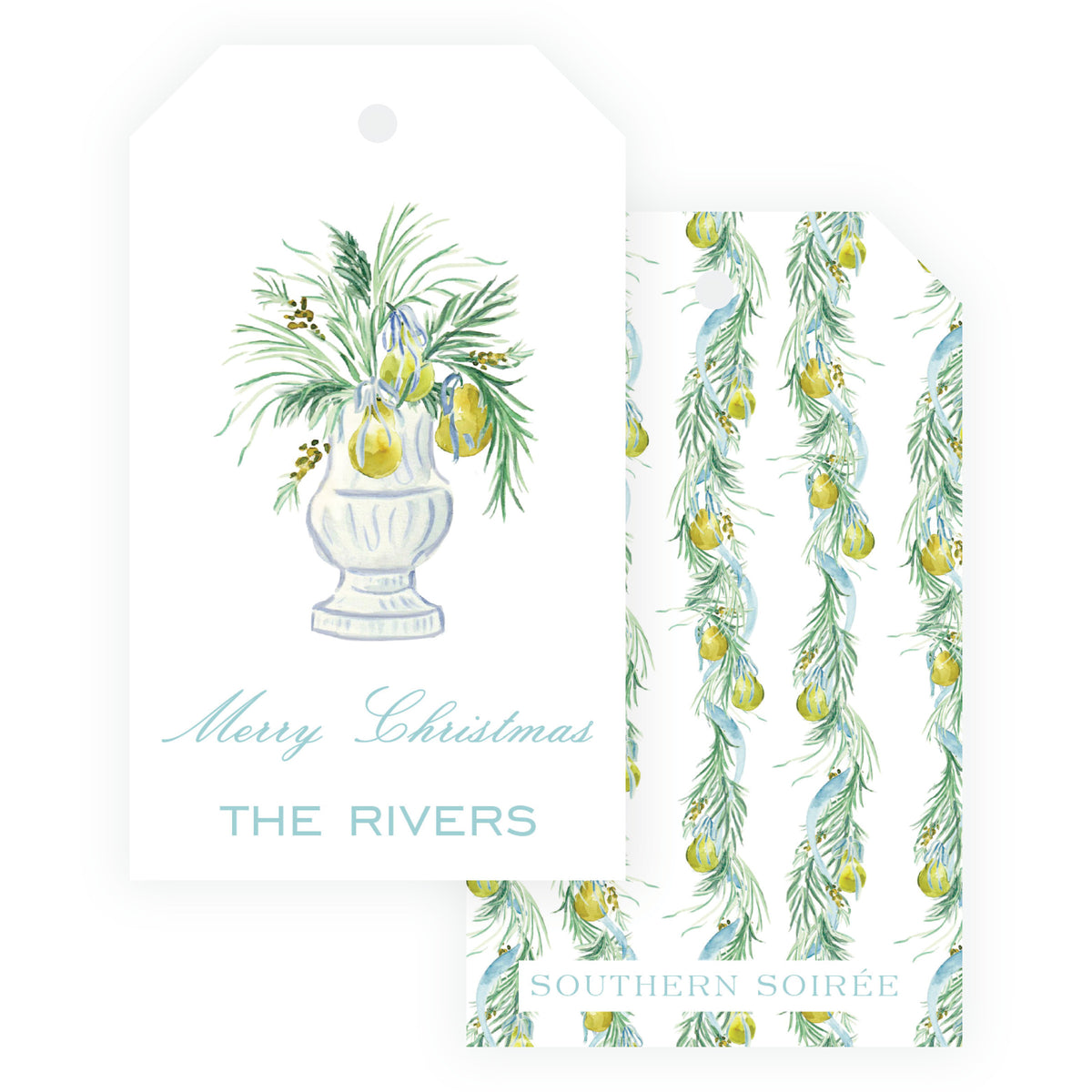 Evergreen and Pear urn personalized Christmas gift tag