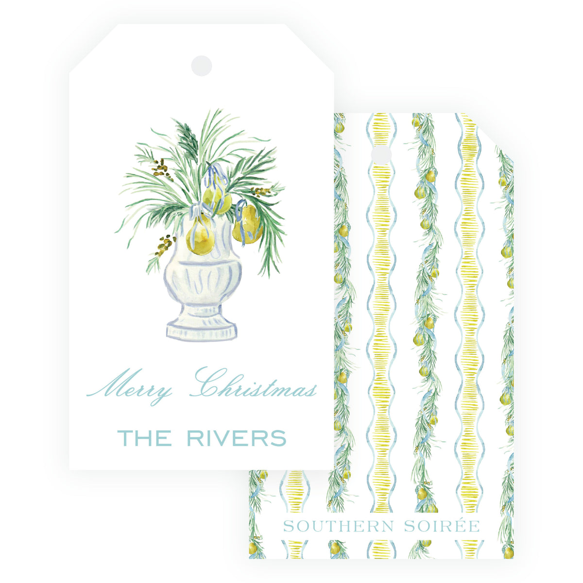 Watercolor evergreen and golden pear personalized holiday gift tag