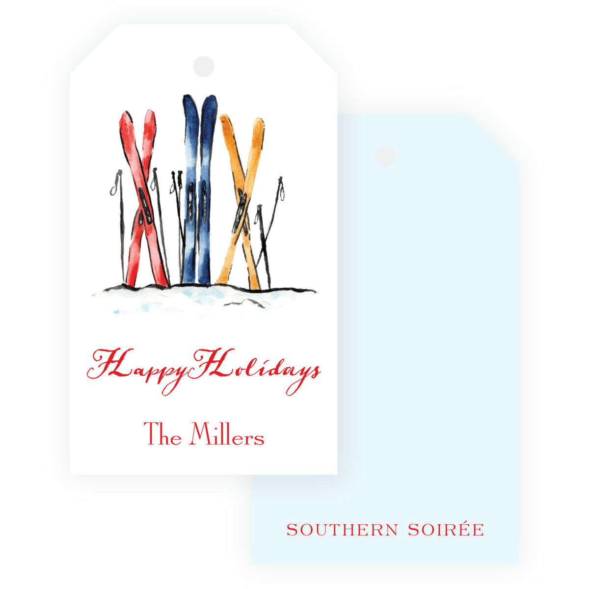 Alpine Holiday – Colorful Skis Vertical Personalized Christmas Gift Tags