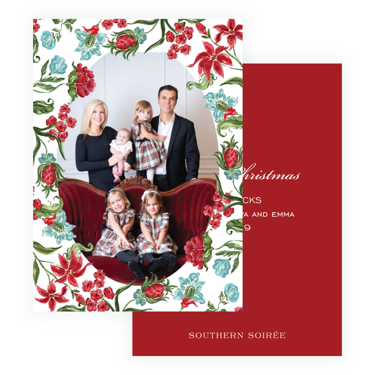 Holiday Chintz oval personalized Christmas photo card with watercolor florals