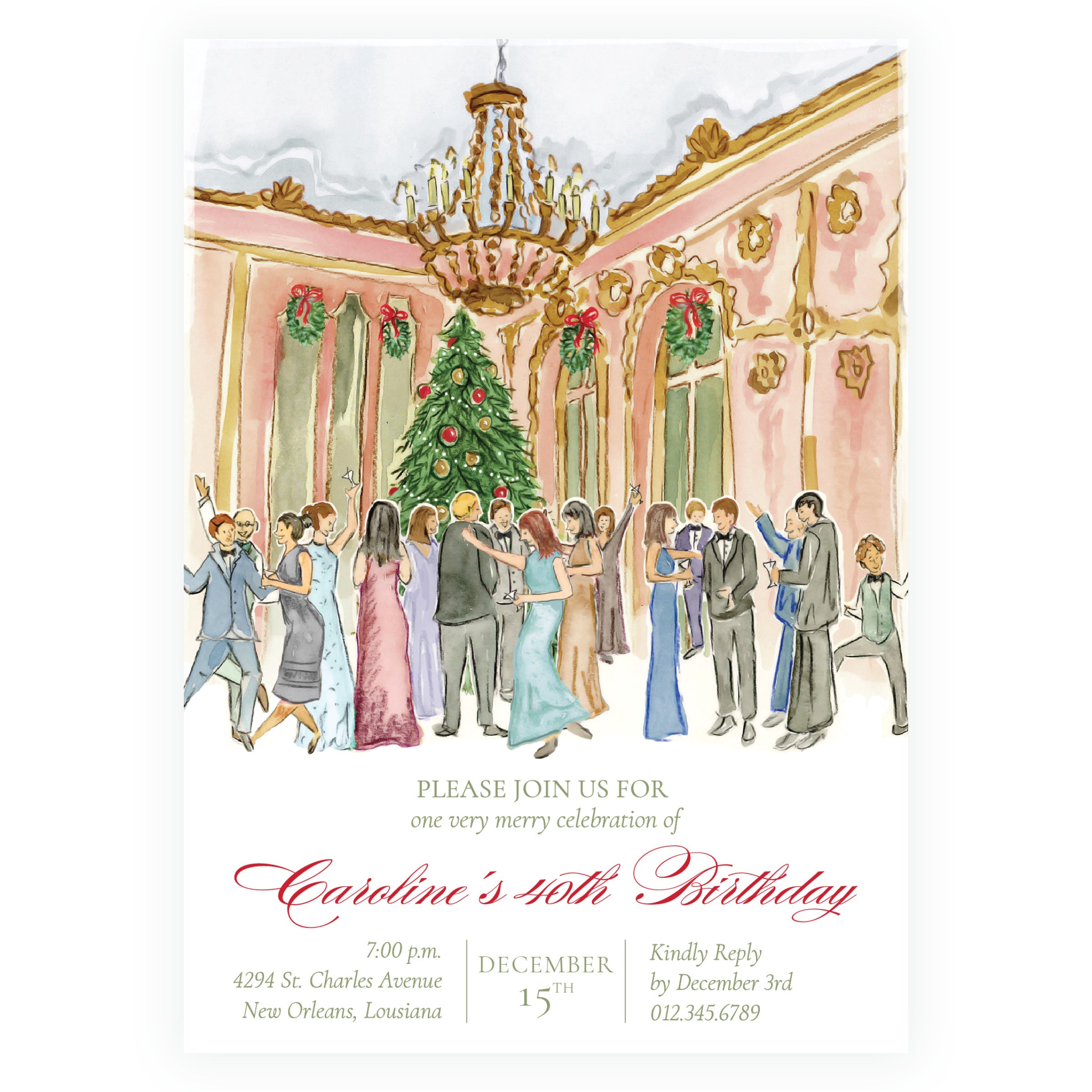 December birthday party invitation with festive Christmas watercolor artwork and colored back