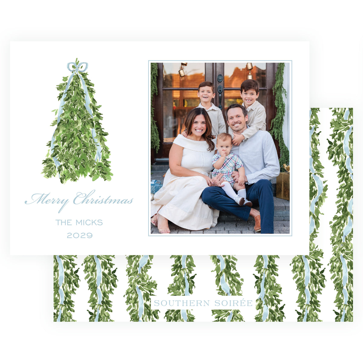 Blue Christmas tree personalized Christmas photo card with watercolor greenery