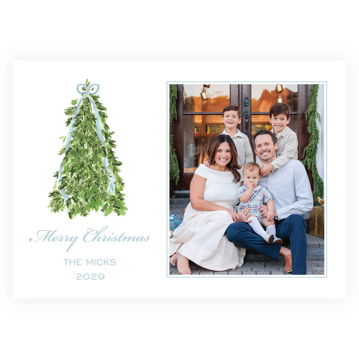 Watercolor evergreen Christmas tree with blue bow family photo card