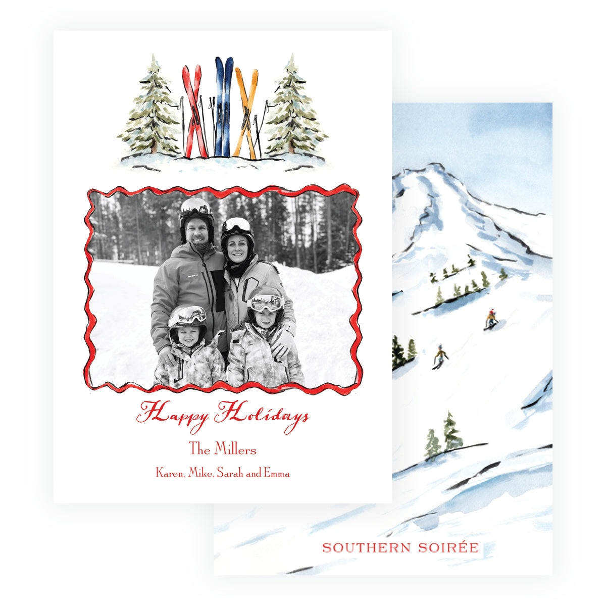 Alpine Holiday personalized family Christmas card with colorful watercolor skis
