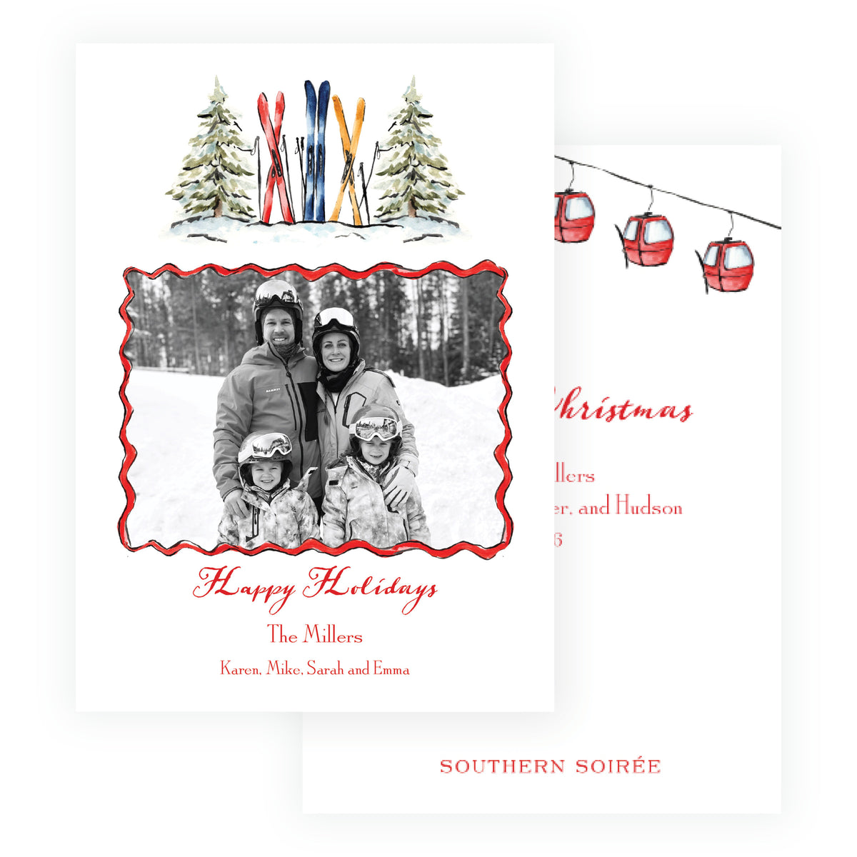 Personalized mountain Christmas photo card with skis snow and evergreen trees with gondola back