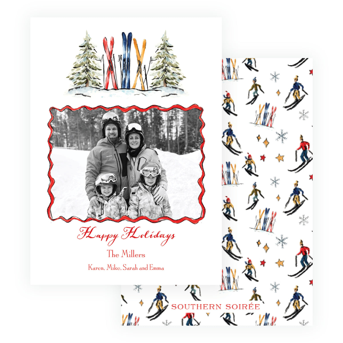 Alpine Holiday Skis & Evergreens Personalized Christmas Photo Card