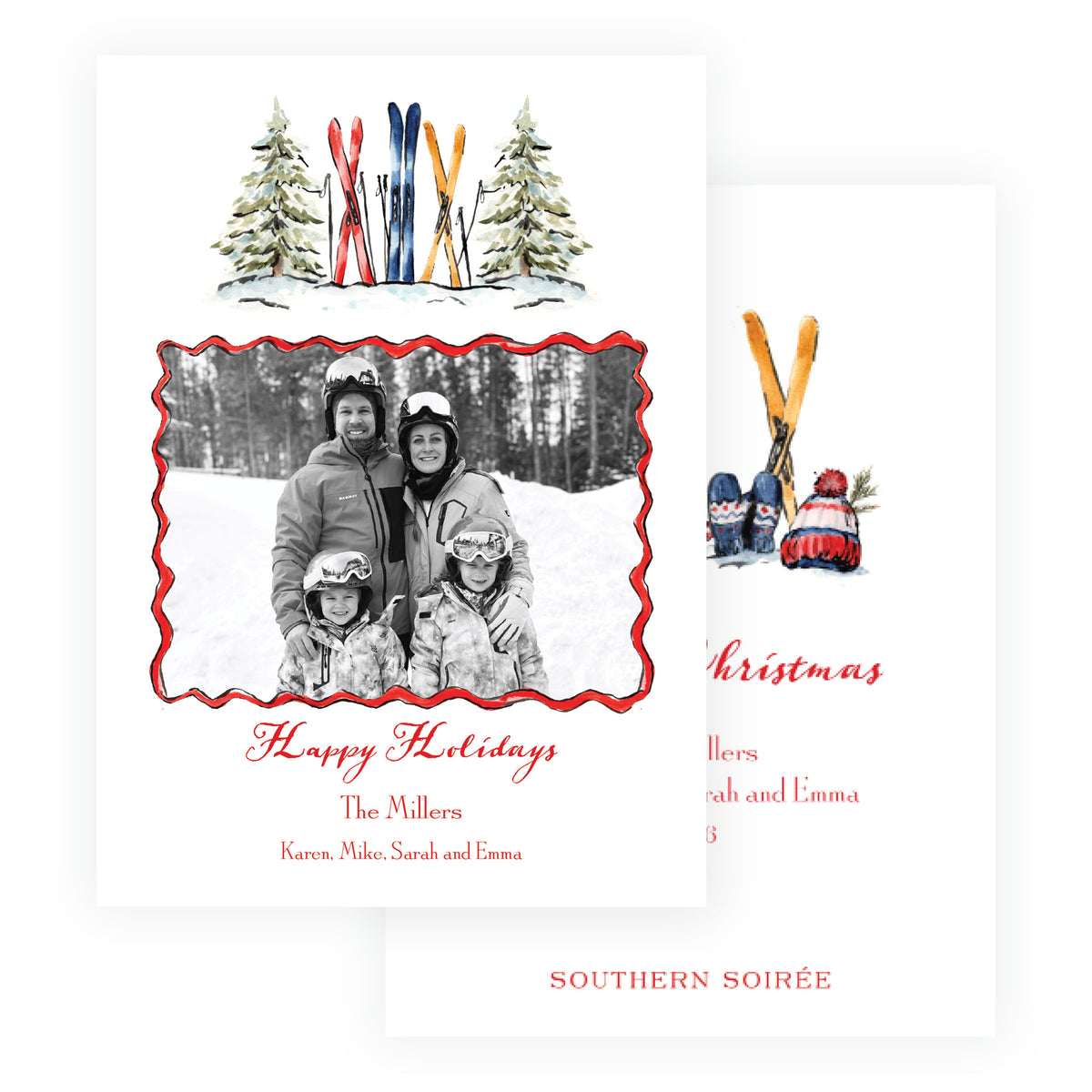 Alpine Holiday Skis & Evergreens Personalized Christmas Photo Card