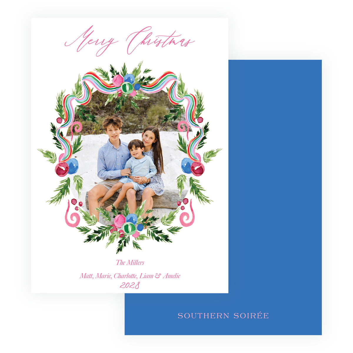 Southern Soirée colorful ribbon and greenery family Christmas card