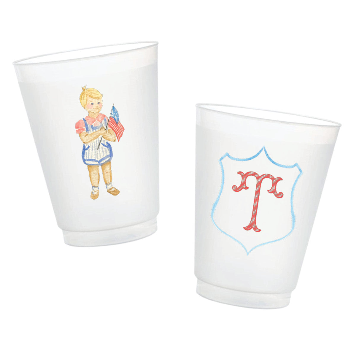 Personalized All-American Boy frosted cups with patriotic artwork and custom monogram