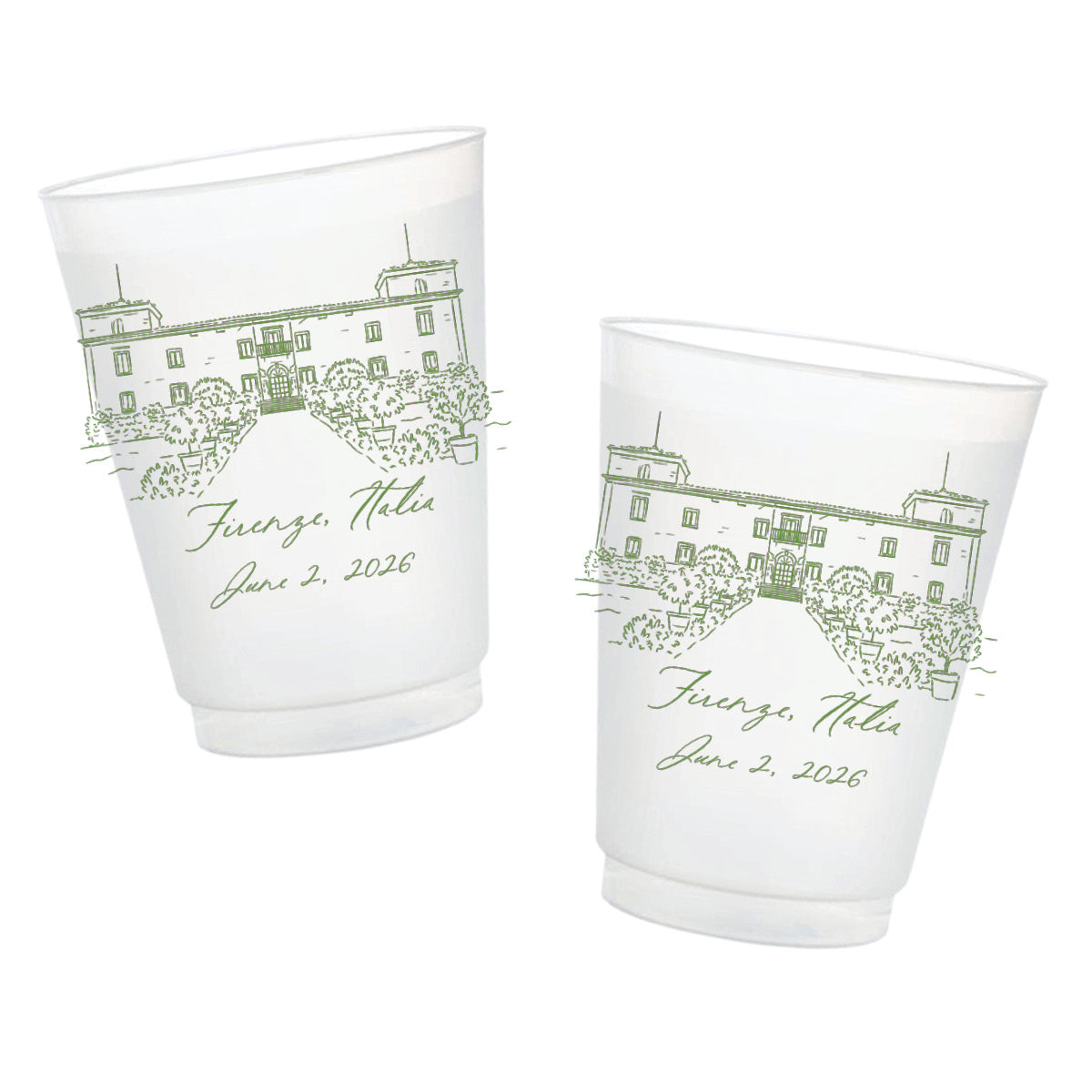 Custom frosted wedding cups featuring a personalized wedding venue illustration with location and wedding date.