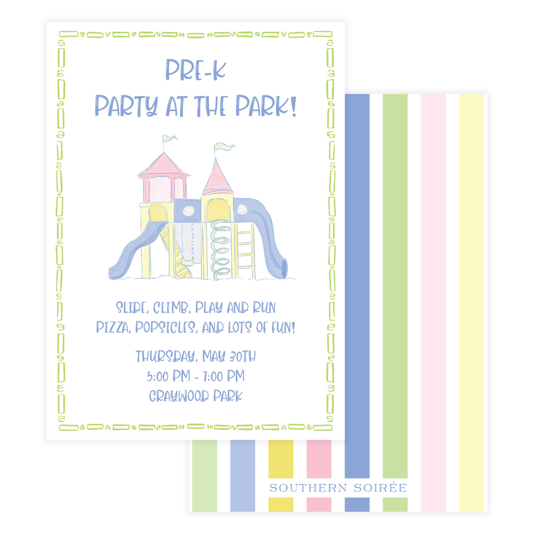 Playground party at the park invitation with colorful watercolor artwork