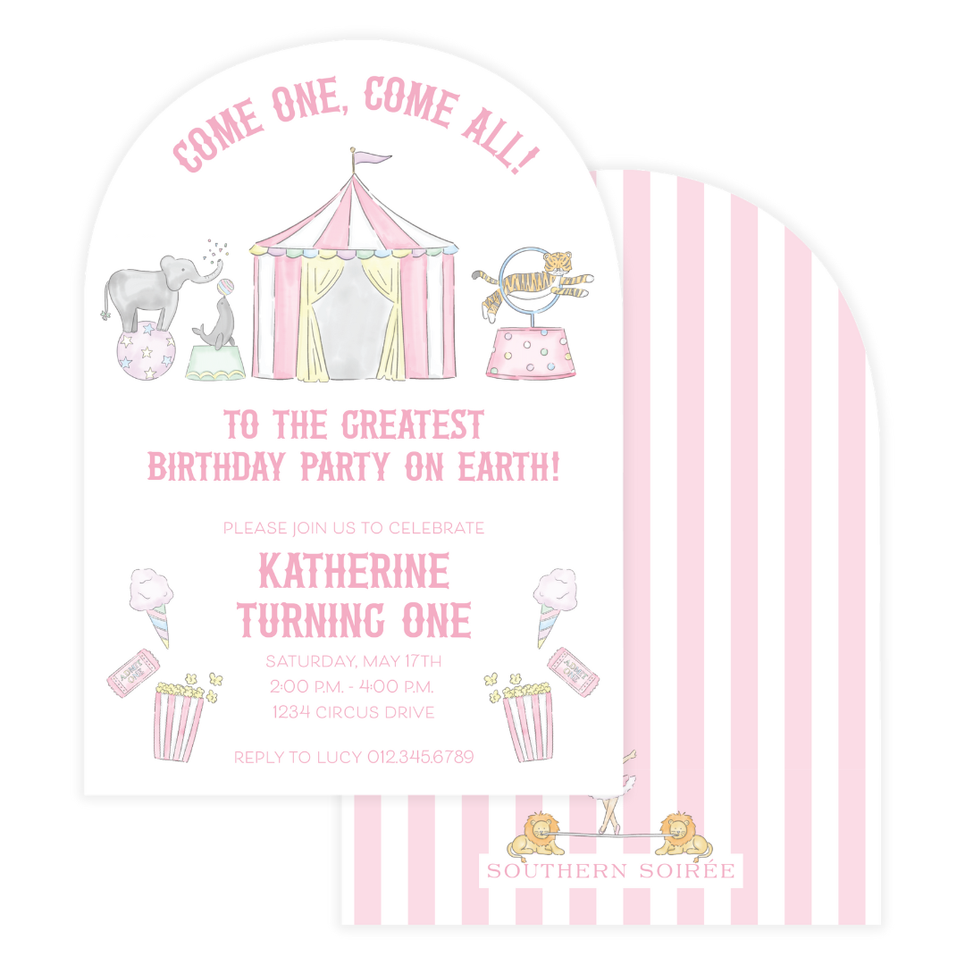 Pastel pink circus birthday invitation with tent and animals