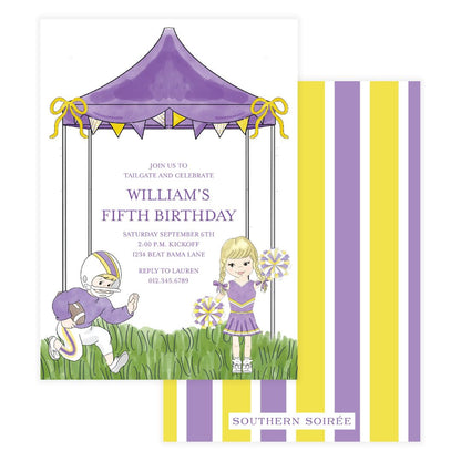 Children's birthday party invitation with a football player and cheerleader design, featuring purple and yellow colors.
