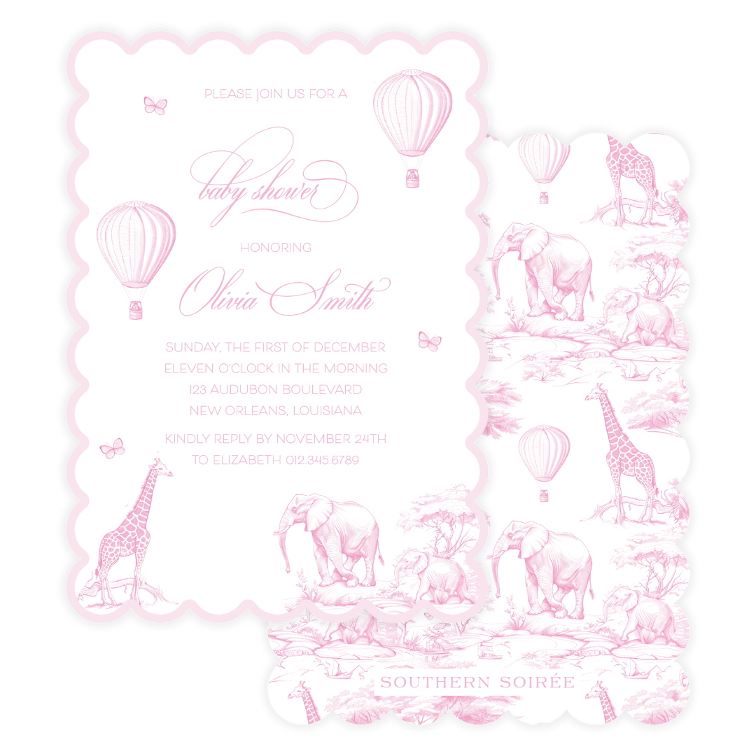Pink Animal Toile Scallop Invitation