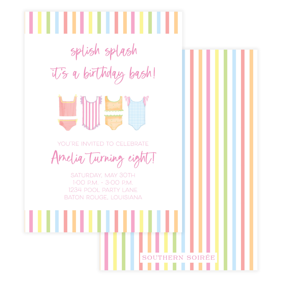 Girls’ pool party birthday invitation with colorful watercolor swimsuits