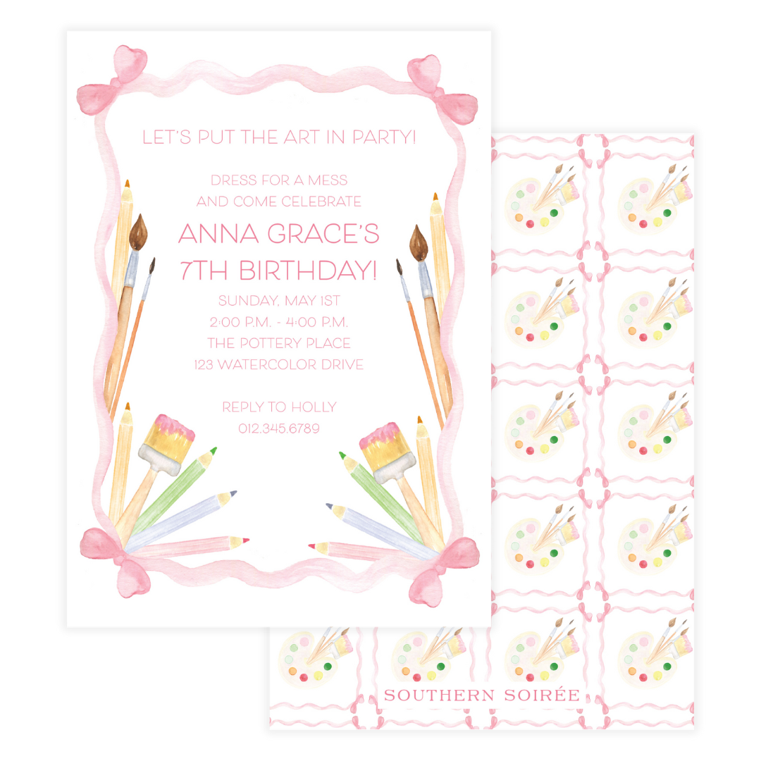 Dress for a Mess art party birthday invitation with watercolor supplies