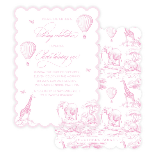 Pink Animal Toile Scallop Invitation