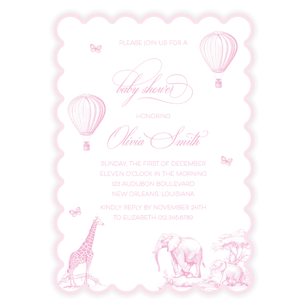 Pink Animal Toile Scallop Invitation