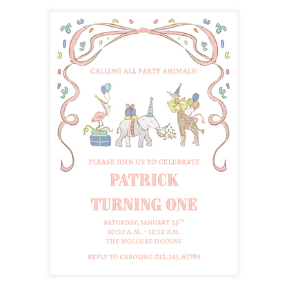 Pink Small Party Animals Invitation