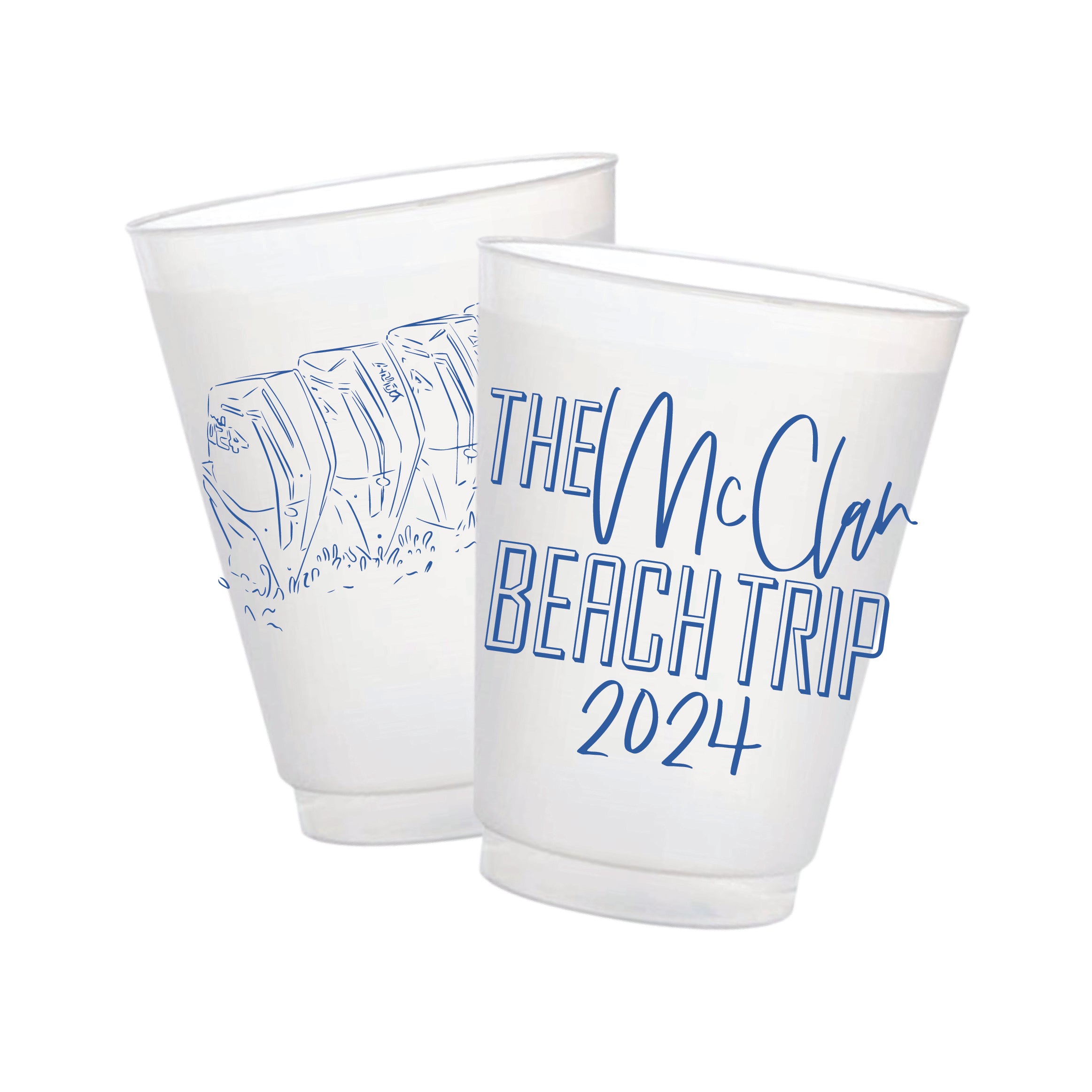 Personalized family beach trip frosted cups with boat motor or custom boat illustration