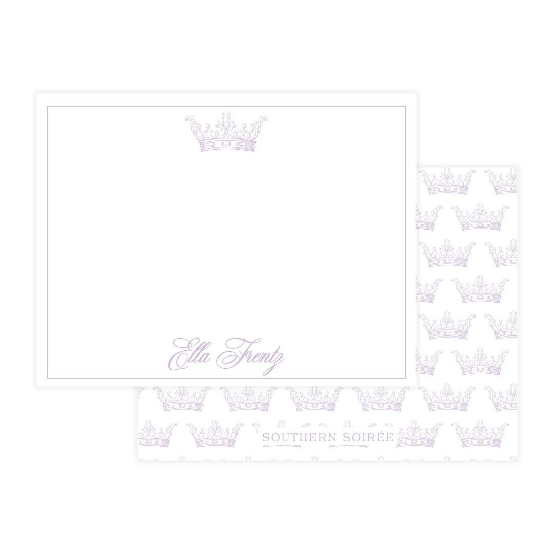 Personalized Mardi Gras notecard featuring a festive lavender crown and custom name