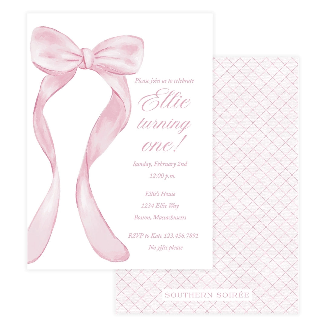 Pink bow birthday invitation with oversized watercolor ribbon